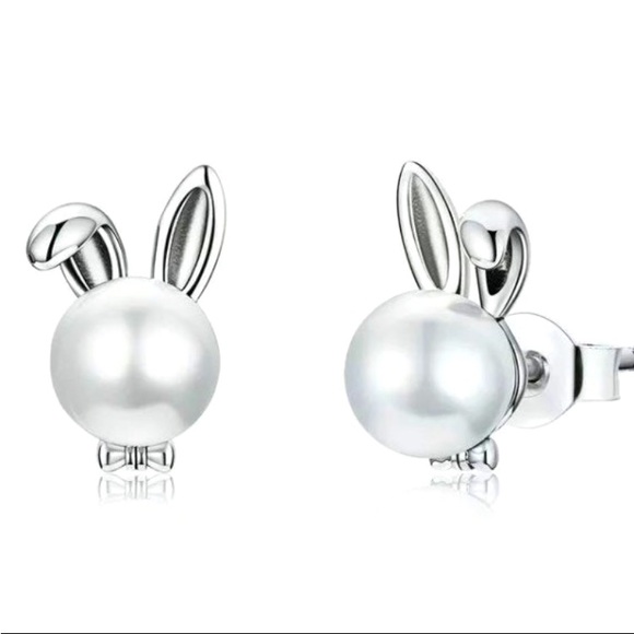 New! White Pearl 925 Silver Bunny Earrings! - Picture 2 of 7